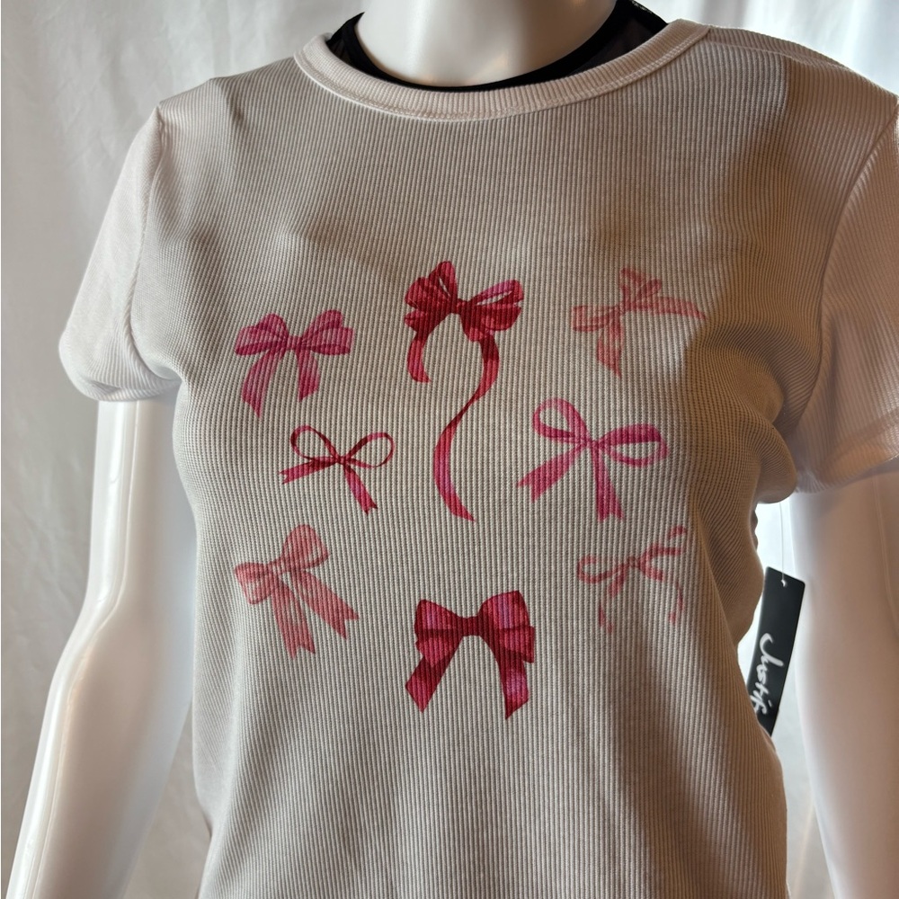 Justify White T-Shirt with Pink Bow Design